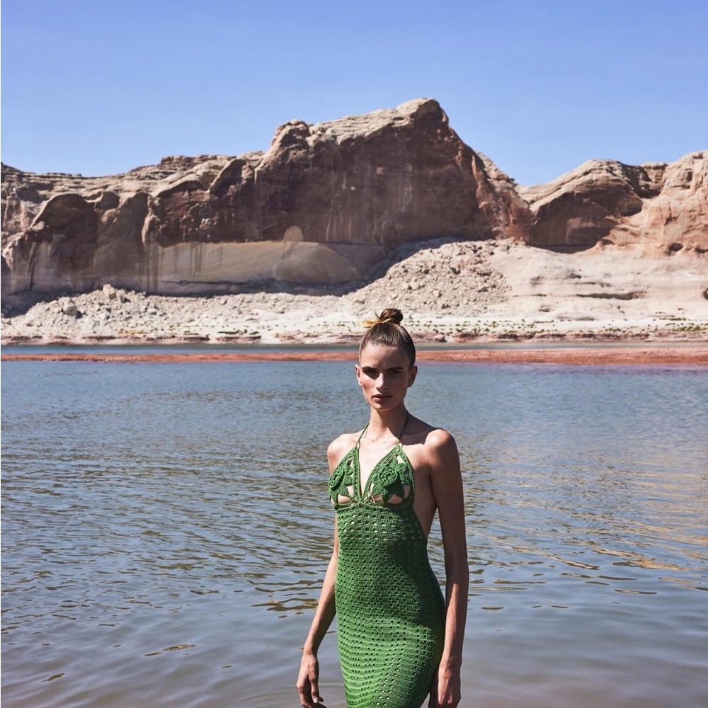 Cult Gaia Leaf Green Crochet Halterneck Dress